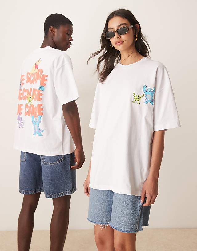 Asos ASOS DESIGN Disney Pixar Unisex Oversized T-shirt With Monsters Inc Prints In White