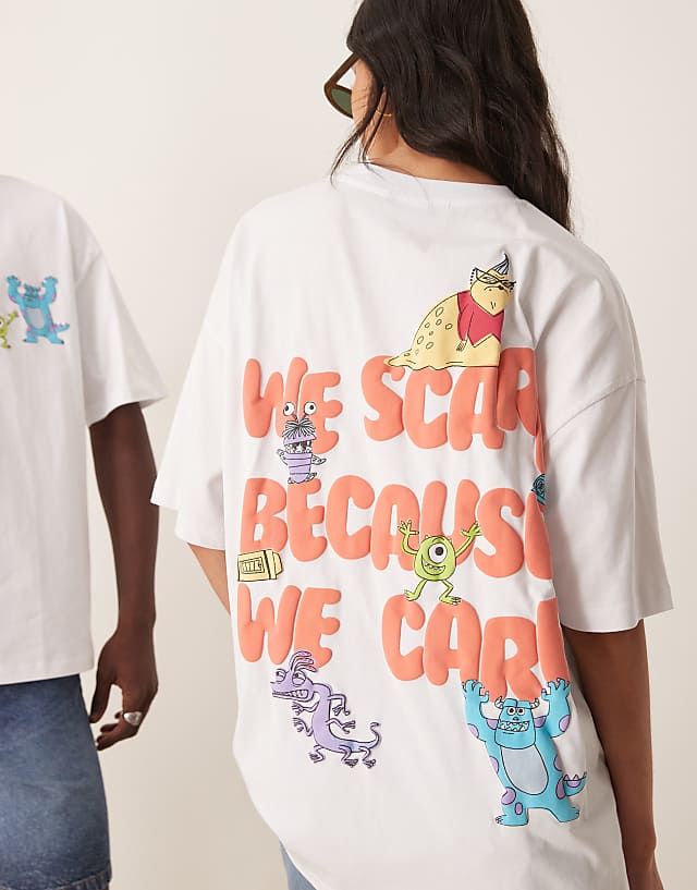 Asos ASOS DESIGN Disney Pixar Unisex Oversized T-shirt With Monsters Inc Prints In White