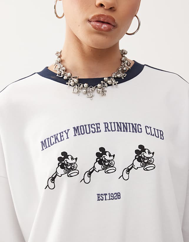 Asos ASOS DESIGN Disney Unisex Boxy Oversized Drop Shoulder T-shirt With Mickey Mouse Embroidery And Binding Detail In White