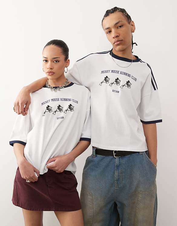 asos ASOS DESIGN Disney unisex boxy oversized drop shoulder t-shirt with Mickey Mouse embroidery and binding detail in white