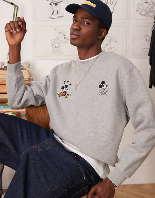 Asos ASOS DESIGN Disney Unisex Boxy Oversized Heavyweight Sweatshirt With Mickey Mouse Embroidery In Grey Marl