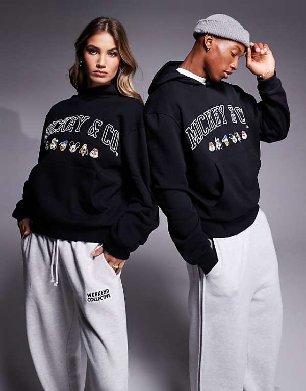 asos ASOS DESIGN Disney unisex boxy oversized heavyweight hoodie with Mickey Mouse & Friends embroidery in black