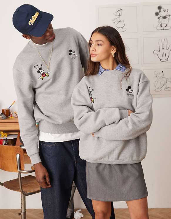 asos ASOS DESIGN Disney unisex boxy oversized heavyweight sweatshirt with Mickey Mouse embroidery in grey marl