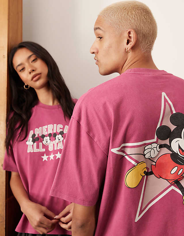 Asos ASOS DESIGN Disney Unisex Boxy T-shirt With Mickey Mouse Print In Pink
