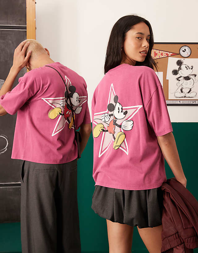 Asos ASOS DESIGN Disney Unisex Boxy T-shirt With Mickey Mouse Print In Pink