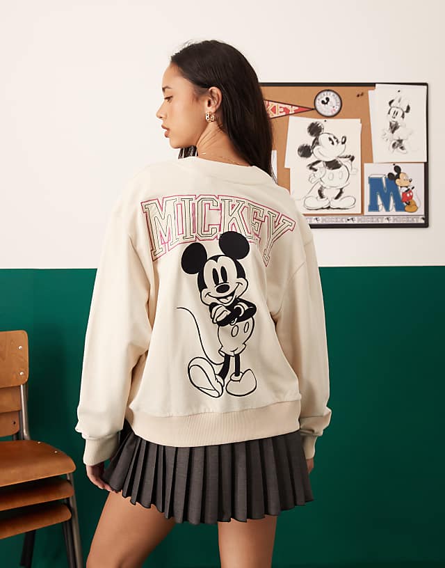 Asos ASOS DESIGN Disney Unisex Oversize Cream Cardigan With Mickey Mouse Embroidered Print