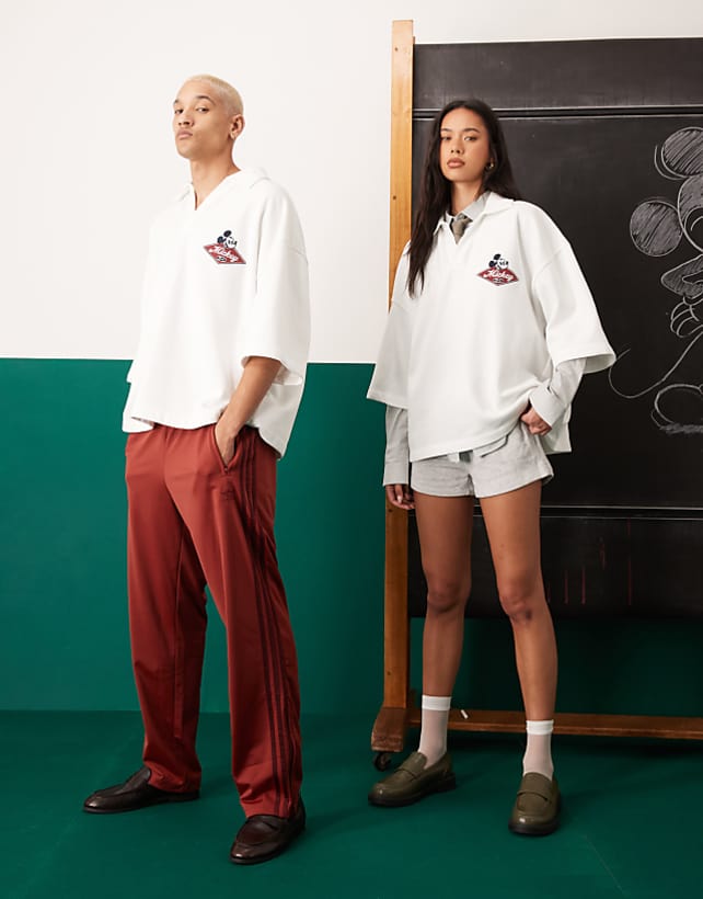 Asos ASOS DESIGN Disney Unisex Oversize Polo With Embroidered Mickey Mouse Print In Off White