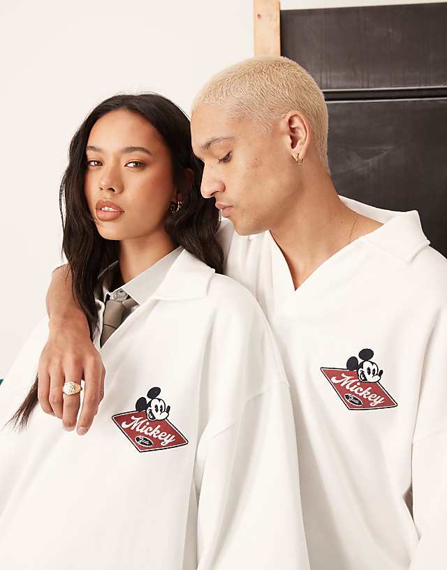 Asos ASOS DESIGN Disney Unisex Oversize Polo With Embroidered Mickey Mouse Print In Off White