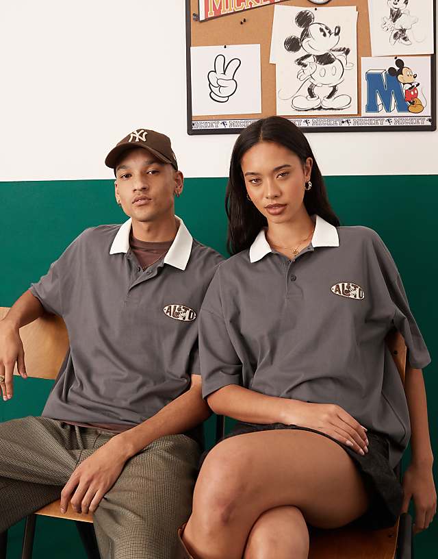 Asos ASOS DESIGN Disney Unisex Oversize Polo With Mickey Mouse Print In Dark Purple