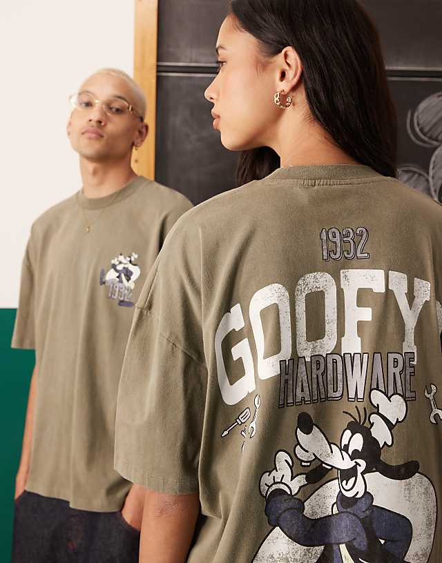 Asos ASOS DESIGN Disney Unisex Oversize T-shirt With Goofy Prints In Washed Khaki
