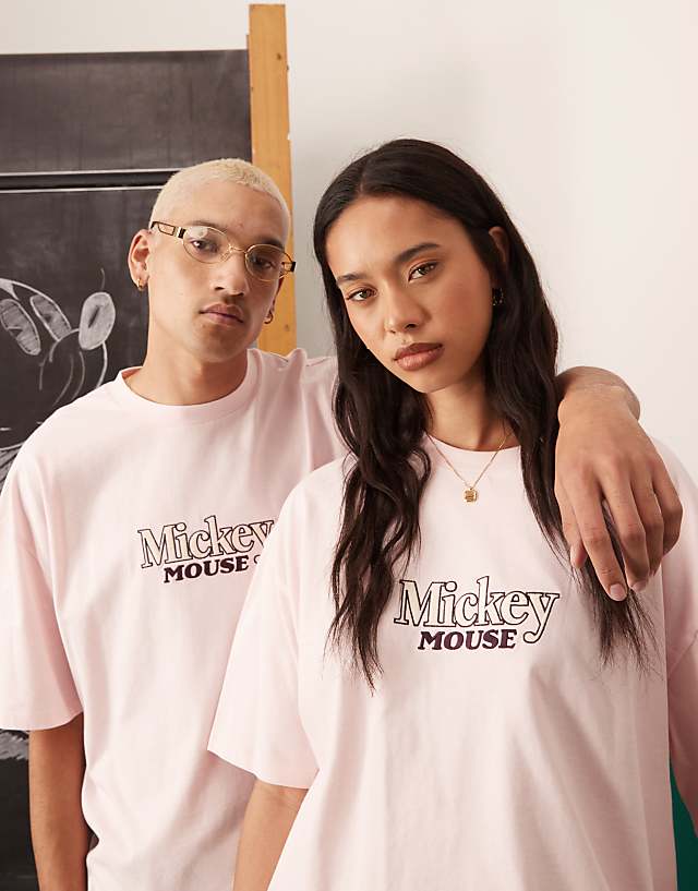 Asos ASOS DESIGN Disney Unisex Oversize T-shirt With Mickey Mouse Print In Washed Pink