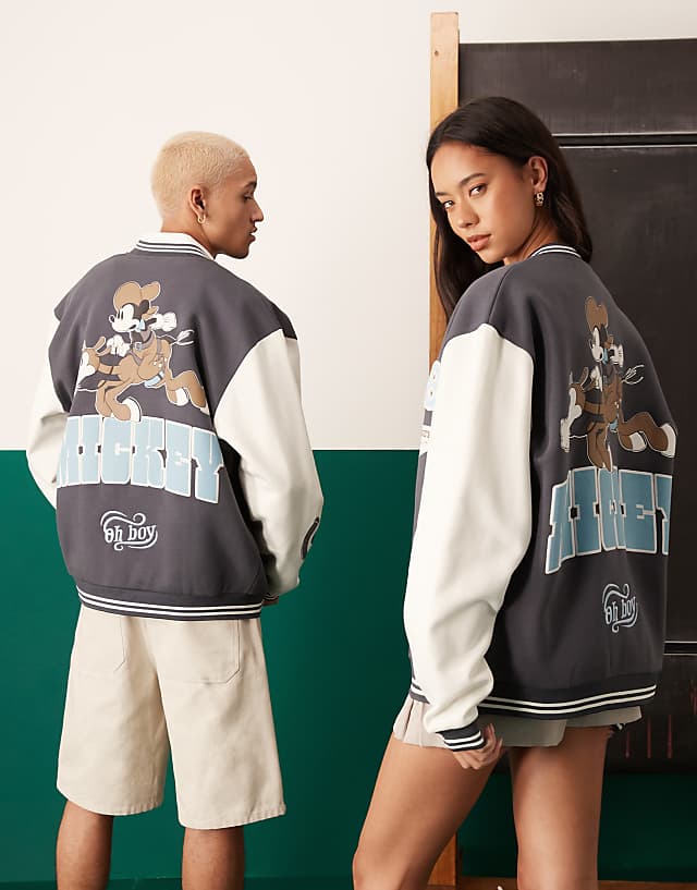 Asos ASOS DESIGN Disney Unisex Oversized Bomber With Mickey Mouse Print In Black