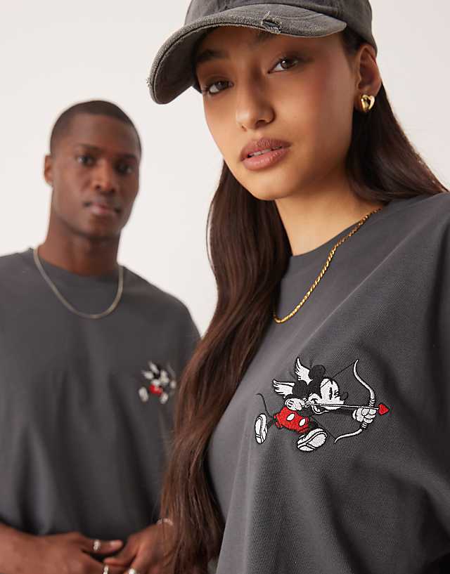 Asos ASOS DESIGN Disney Unisex Oversized Heavyweight T-shirt With Mickey Mouse Cherub Print In Charcoal