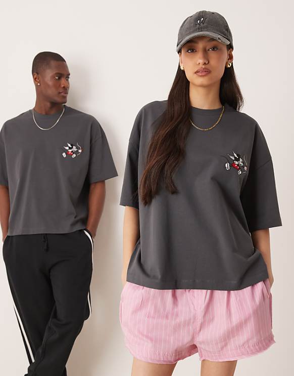 Asos ASOS DESIGN Disney Unisex Oversized Heavyweight T-shirt With Mickey Mouse Cherub Print In Charcoal