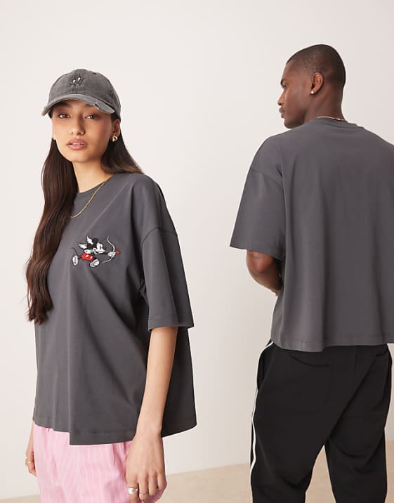 asos ASOS DESIGN Disney unisex oversized heavyweight t-shirt with Mickey Mouse cherub print in charcoal