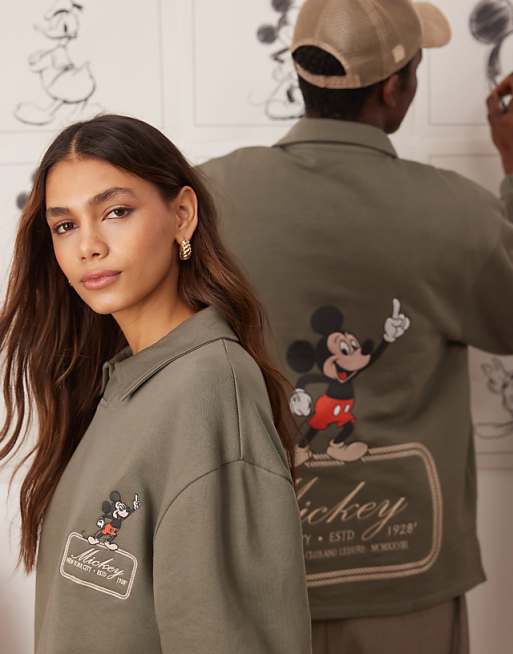 Asos ASOS DESIGN Disney Unisex Oversized Polo Sweatshirt With Mickey Mouse Prints In Khaki