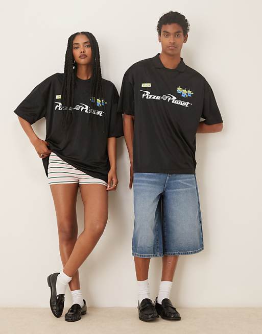 Asos ASOS DESIGN Disney Unisex Oversized Sports Jersey With Toy Story Pizza Planet Prints In Black