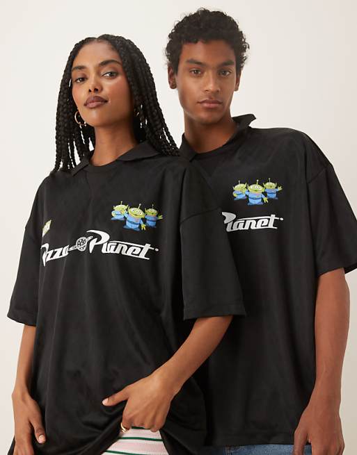 Asos ASOS DESIGN Disney Unisex Oversized Sports Jersey With Toy Story Pizza Planet Prints In Black