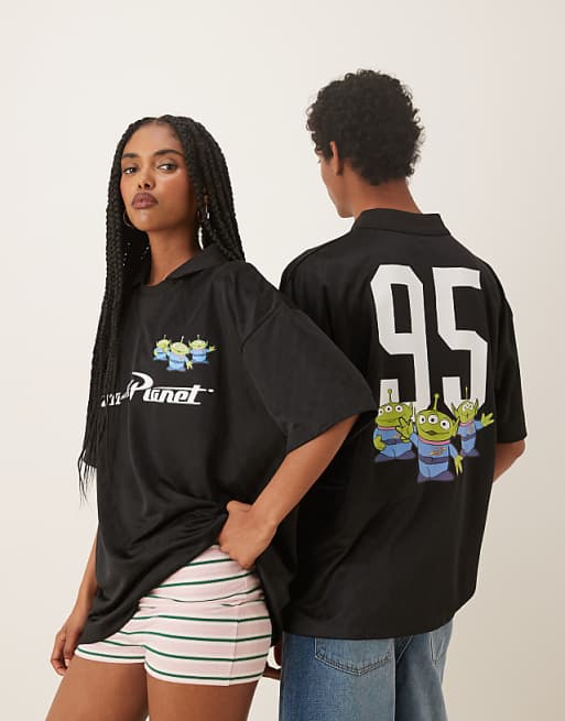 asos ASOS DESIGN Disney unisex oversized sports jersey with Toy Story Pizza Planet prints in black