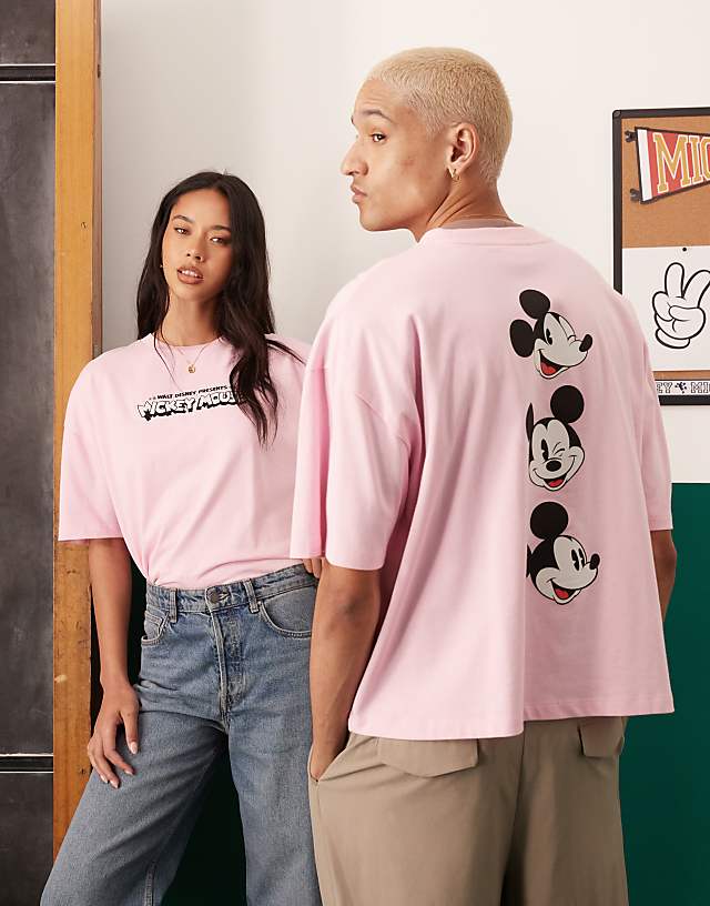 Asos ASOS DESIGN Disney Unisex Oversized T-shirt With Embroidered Mickey Mouse Print In Pink