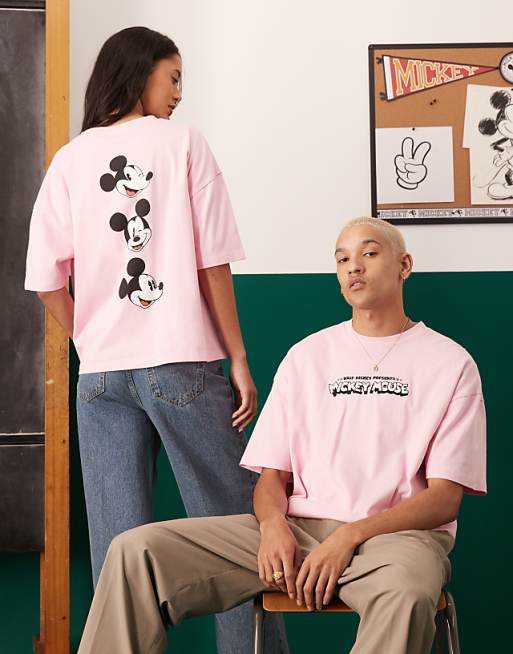 asos ASOS DESIGN Disney unisex oversized t-shirt with embroidered Mickey Mouse print in pink