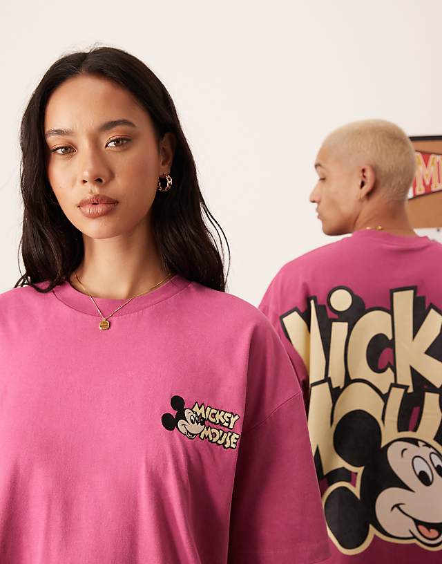 Asos ASOS DESIGN Disney Unisex Oversized T-shirt With Mickey Mouse Prints In Washed Pink