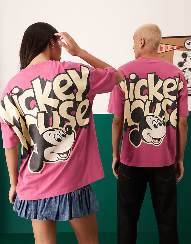 Asos ASOS DESIGN Disney Unisex Oversized T-shirt With Mickey Mouse Prints In Washed Pink
