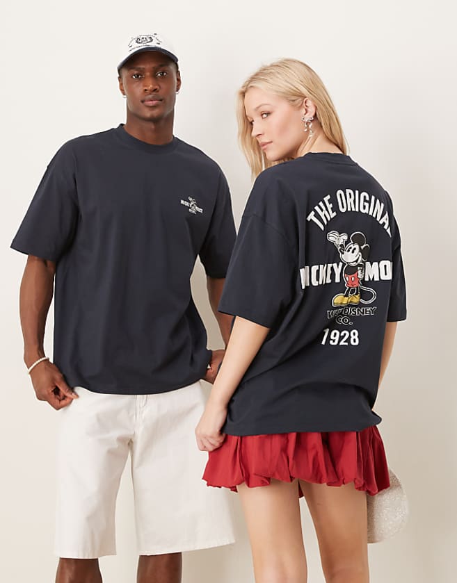 asos ASOS DESIGN Disney unisex oversized t-shirt with Mickey Mouse print and embroidery in navy