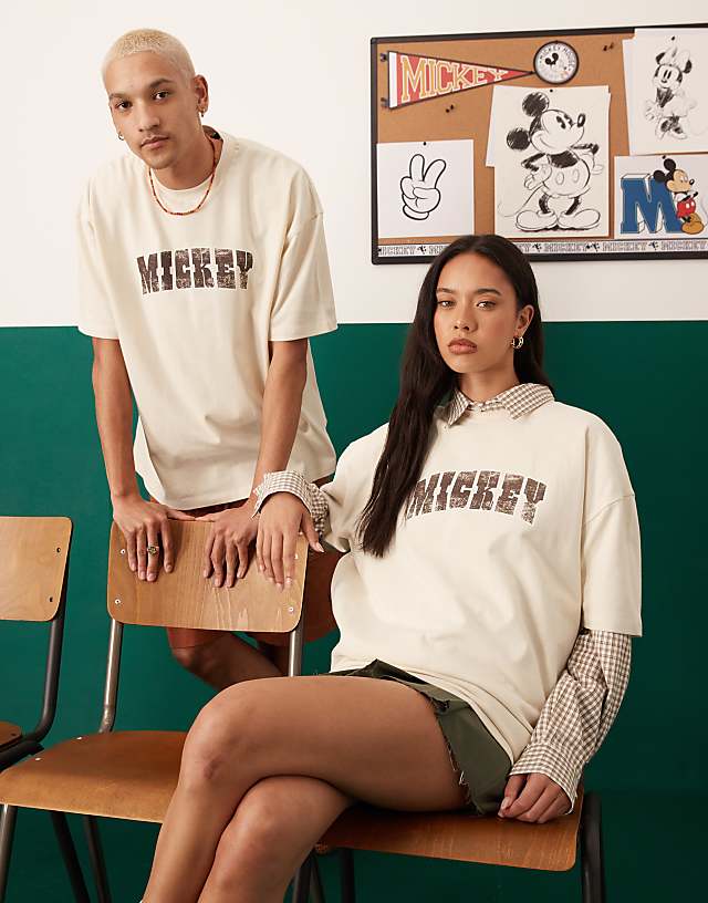 asos ASOS DESIGN Disney unisex oversized t-shirt with Mickey Mouse print in beige