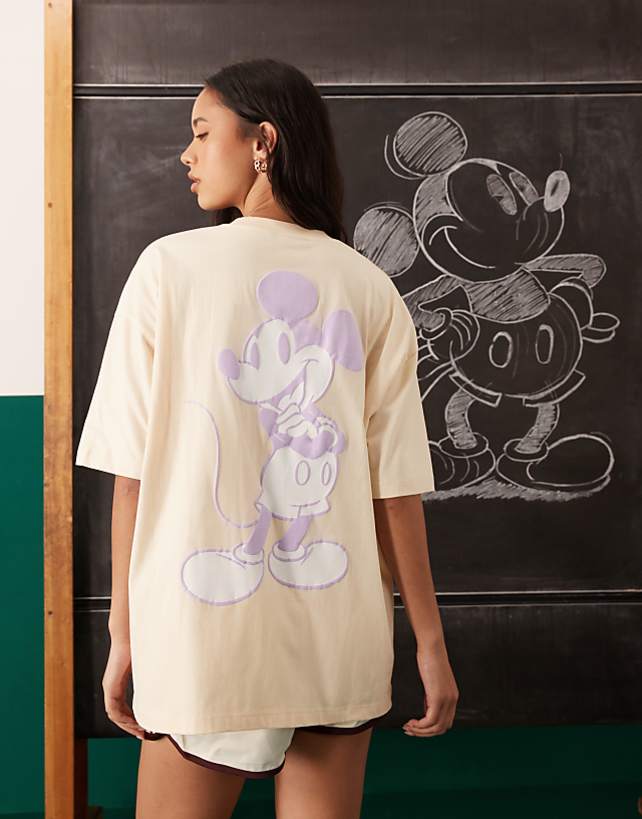 Asos ASOS DESIGN Disney Unisex Oversized T-shirt With Mickey Mouse Puff Prints In Buttermilk