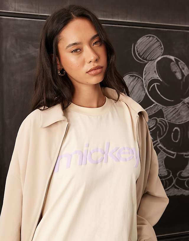 Asos ASOS DESIGN Disney Unisex Oversized T-shirt With Mickey Mouse Puff Prints In Buttermilk