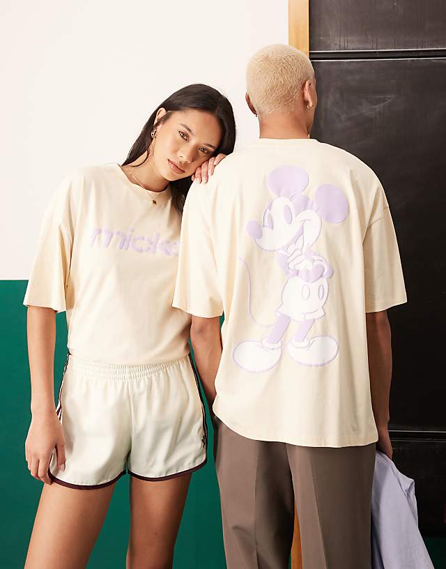 asos ASOS DESIGN Disney unisex oversized t-shirt with Mickey Mouse puff prints in buttermilk