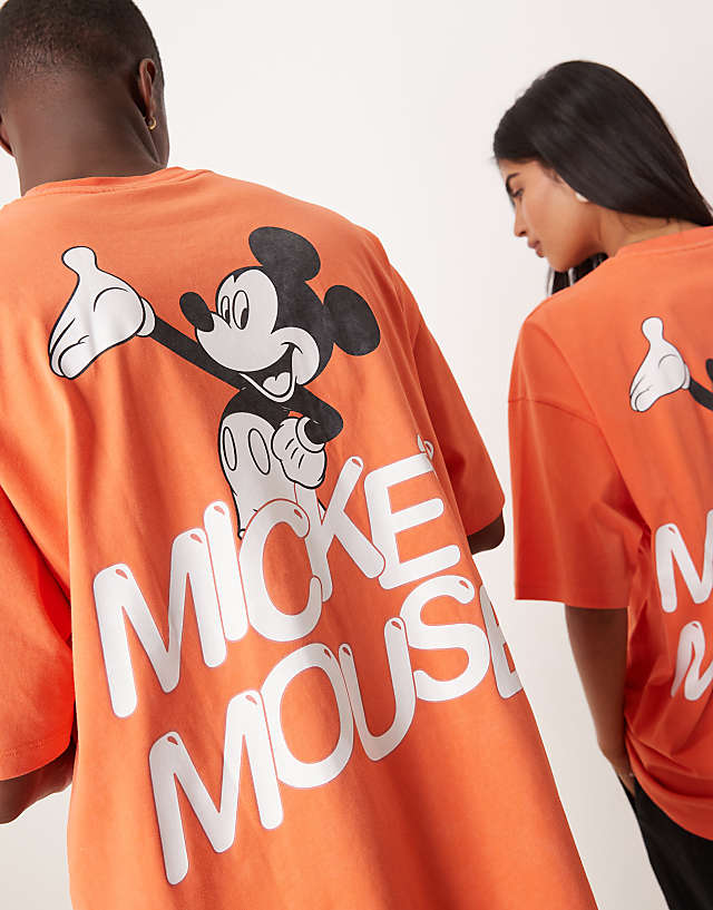 Asos ASOS DESIGN Disney Unisex Oversized T-shirt With Mickey Mouse Prints In Washed Orange