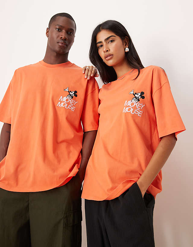 Asos ASOS DESIGN Disney Unisex Oversized T-shirt With Mickey Mouse Prints In Washed Orange