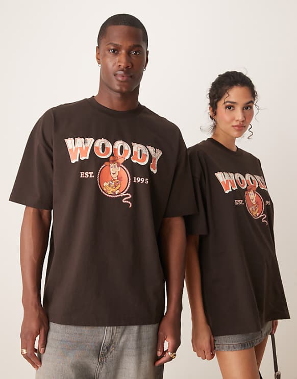Asos ASOS DESIGN Disney Unisex Oversized T-shirt With Toy Story Woody Print In Brown
