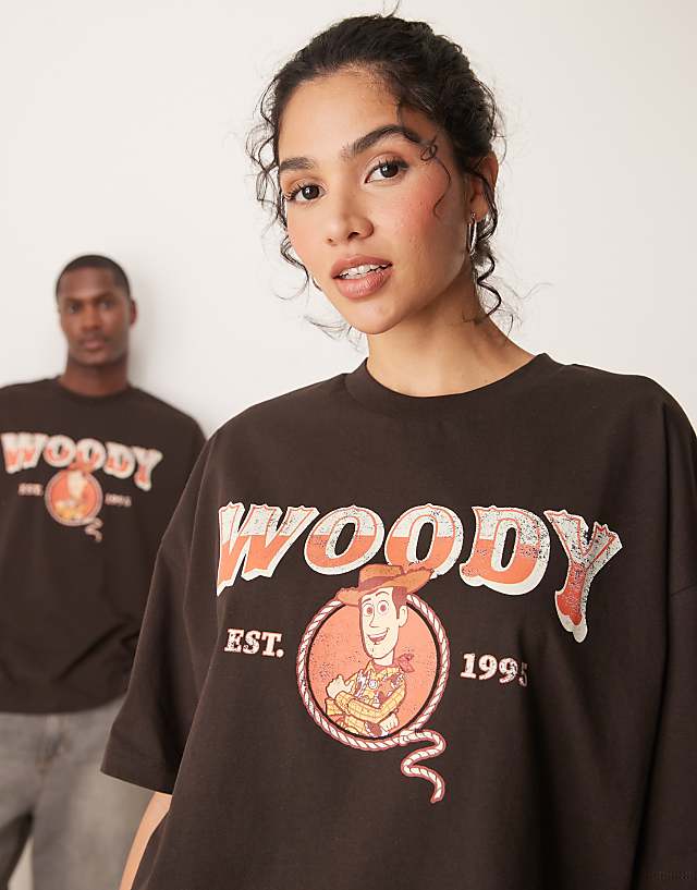 asos ASOS DESIGN Disney unisex oversized t-shirt with Toy Story Woody print in brown