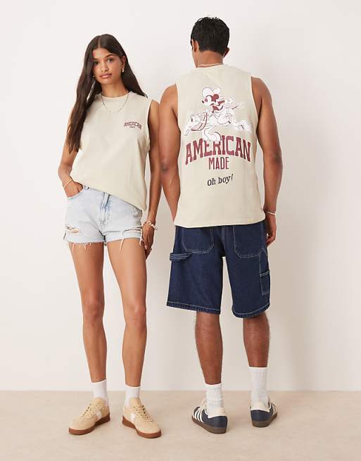 Asos ASOS DESIGN Disney Unisex Standard Vest With Mickey Mouse Western Prints In Stone