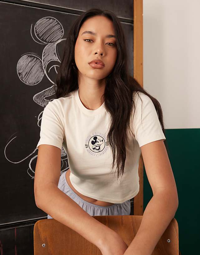 asos ASOS DESIGN Disney woman cropped t-shirt with Mickey Mouse print in beige