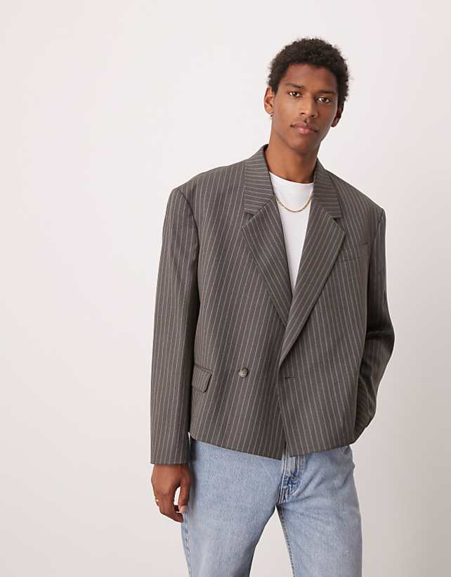 Asos ASOS DESIGN Double Breasted Extreme Oversized Cropped Blazer In Grey Pinstripe