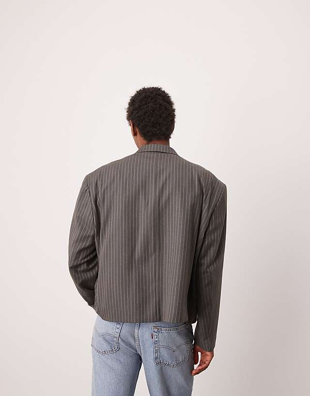 Asos ASOS DESIGN Double Breasted Extreme Oversized Cropped Blazer In Grey Pinstripe
