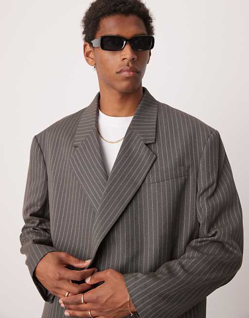 Asos ASOS DESIGN Double Breasted Extreme Oversized Cropped Blazer In Grey Pinstripe