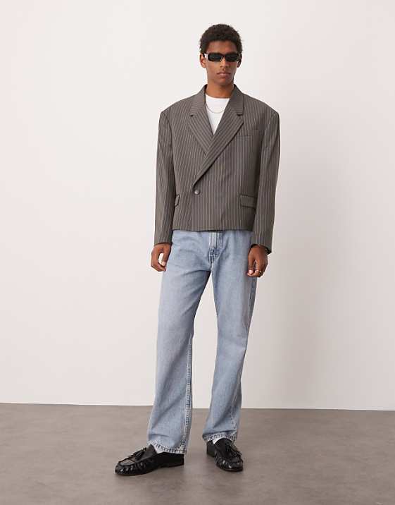 asos ASOS DESIGN double breasted extreme oversized cropped blazer in grey pinstripe