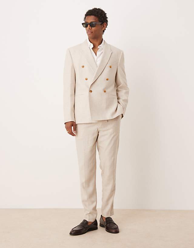 asos ASOS DESIGN double breasted regular linen blend suit in natural beige