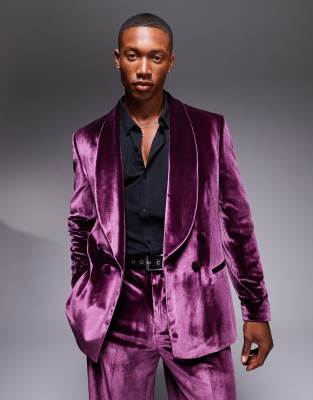 Asos ASOS DESIGN Double Breasted Regular Suit In Burgundy Velvet