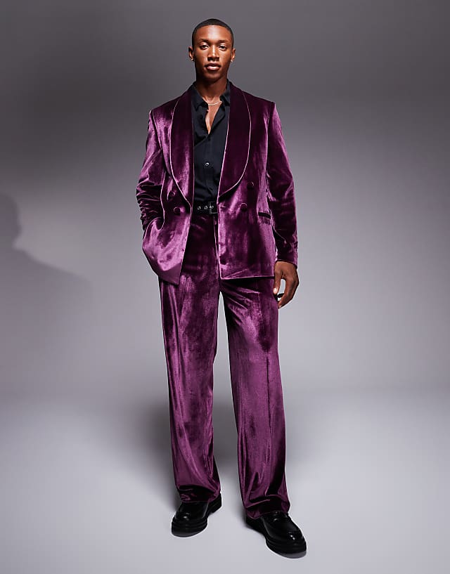 asos ASOS DESIGN double breasted regular suit in burgundy velvet