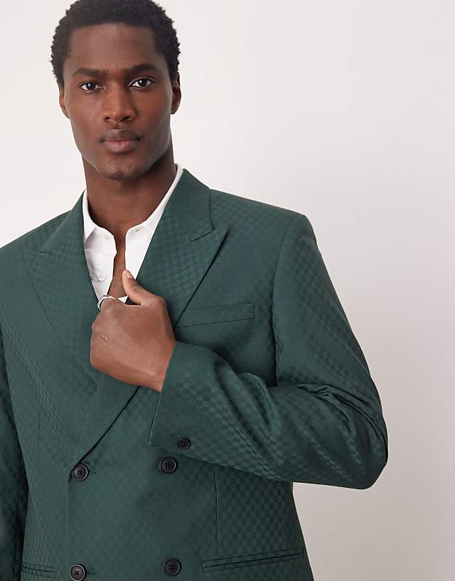Asos ASOS DESIGN Double Breasted Regular Suit Jacket In Checkerboard Weave In Green