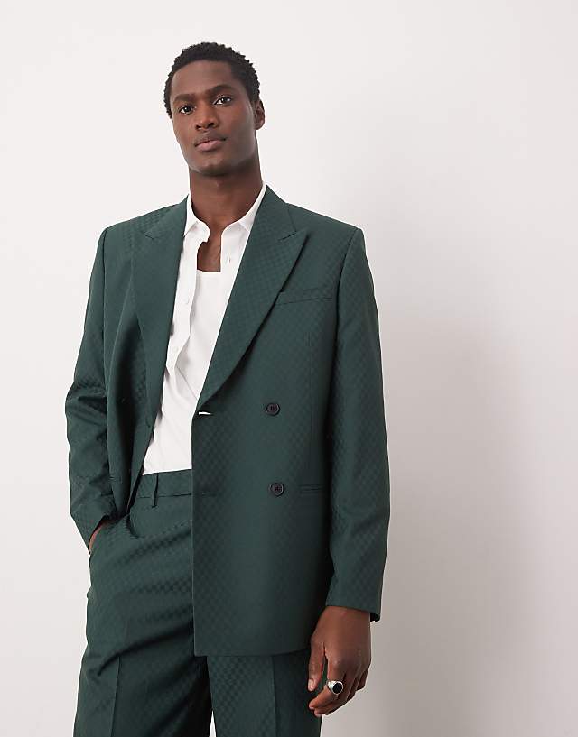 asos ASOS DESIGN double breasted regular suit jacket in checkerboard weave in green