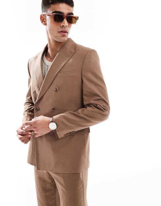 Asos ASOS DESIGN Double Breasted Regular Suit With Linen In Brown