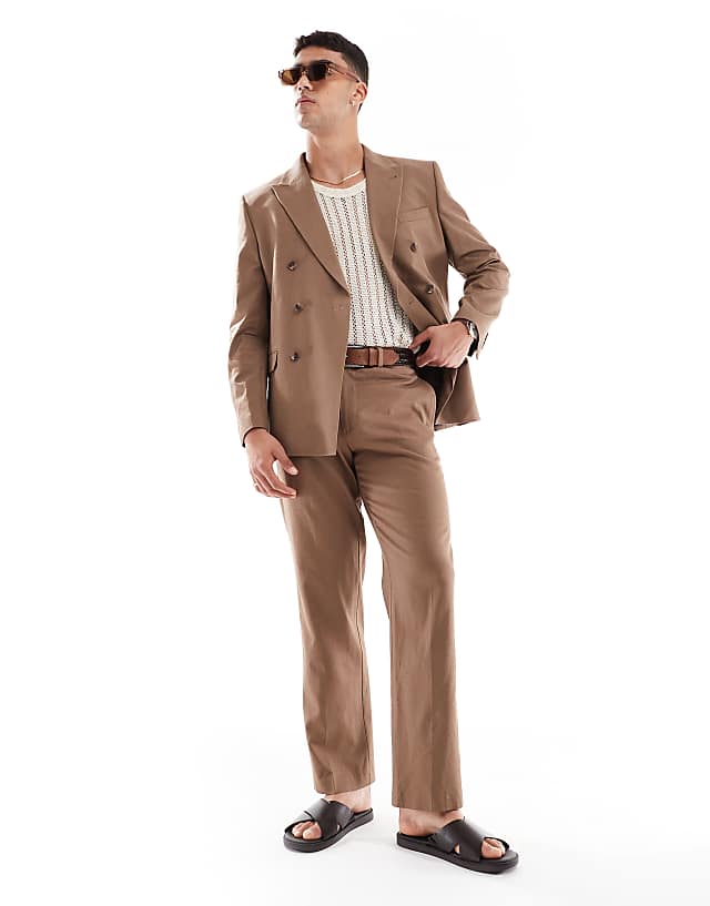 asos ASOS DESIGN double breasted regular suit with linen in brown