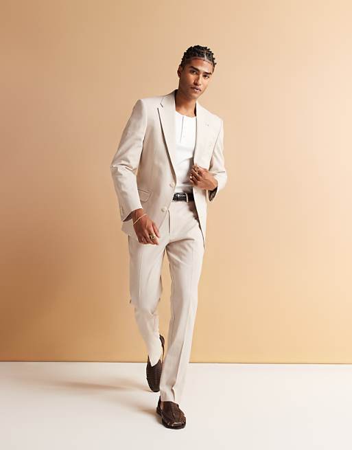 asos ASOS DESIGN double breasted regular suit with linen in stone